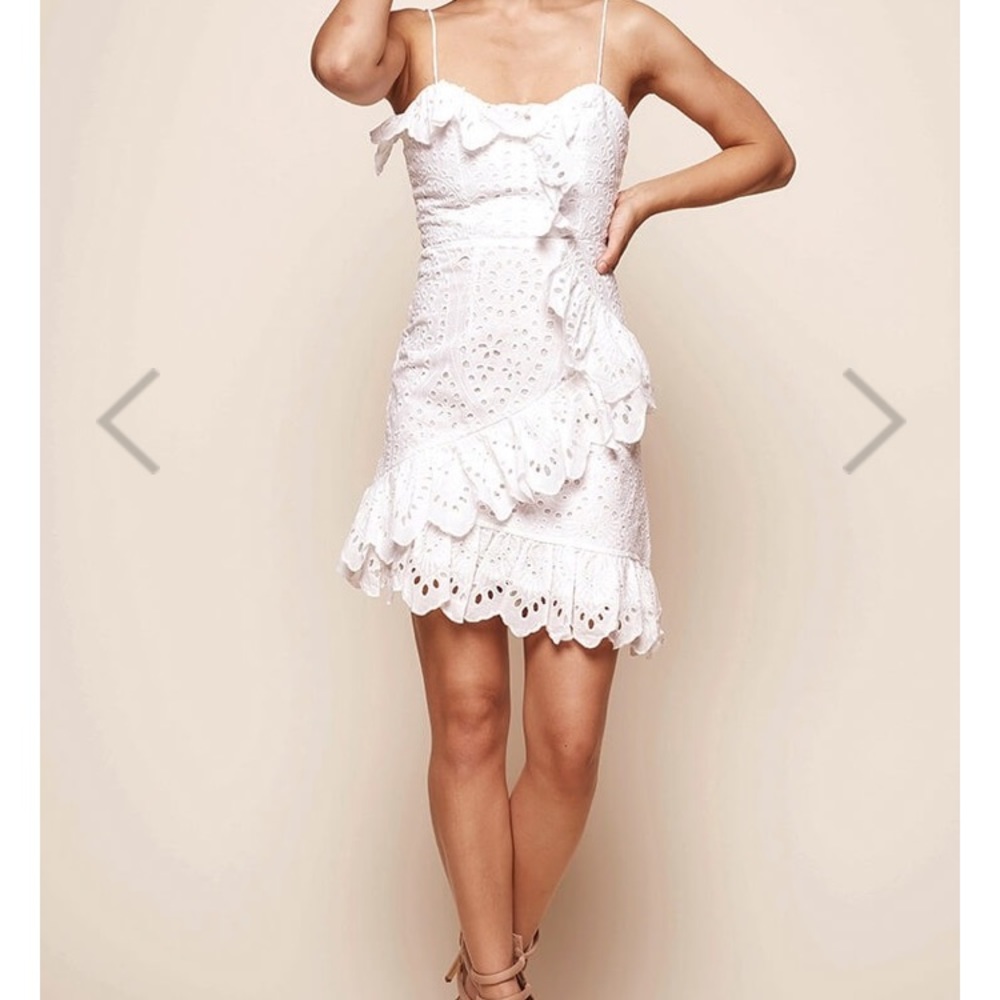 White dress - cotton lace, asymmetrical w ruffle